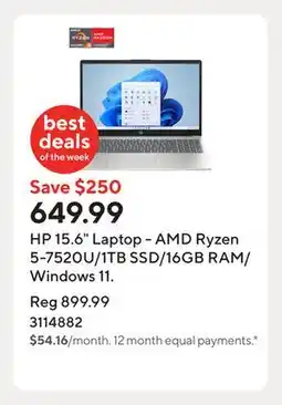 Staples HP 15.6 Laptop - AMD Ryzen 5-7520U/1TB SSD/16GB RAM/Windows 11 offer