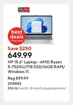 Staples HP 15.6 Laptop - AMD Ryzen 5-7520U/1TB SSD/16GB RAM/Windows 11 offer