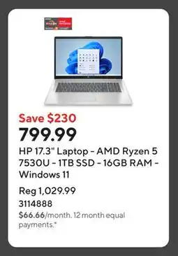 Staples HP 17.3 Laptop - AMD Ryzen 5 7530U - 1TB SSD - 16GB RAM - Windows 11 offer