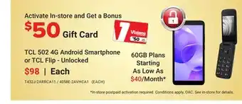 Visions Electronics TCL 502 4G Android Smartphone or TCL Flip-Unlocked offer