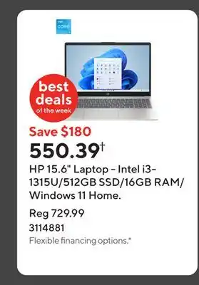 Staples HP 15.6 Laptop - Intel i3-1315U/512GB SSD/16GB RAM/Windows 11 Home offer