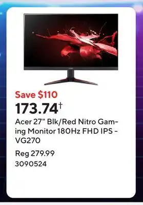 Staples Acer 27 Blk/Red Nitro Gaming Monitor 180Hz FHD IPS - VG270 offer