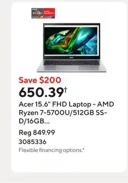 Staples Acer 15.6 FHD Laptop - AMD Ryzen 7-5700U/512GB SSD/16GB RAM/Windows 11 offer