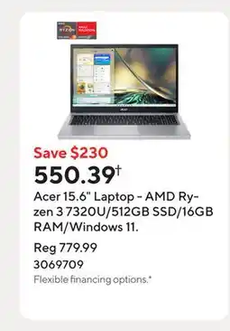 Staples Acer 15.6 Laptop - AMD Ryzen 3 7320U/512GB SSD/16GB RAM/Windows 11 offer