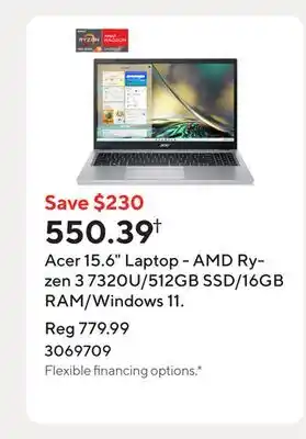 Staples Acer 15.6 Laptop - AMD Ryzen 3 7320U/512GB SSD/16GB RAM/Windows 11 offer