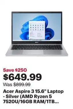 Best Buy Acer Aspire 3 15.6 Laptop - Silver (AMD Ryzen 5 7520U/16GB RAM/1TB SSD/Windows 11) offer