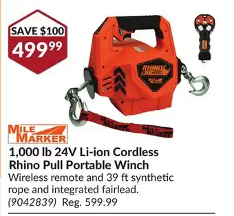 Princess Auto 1,000 lb 24V Li-ion Cordless Rhino Pull Portable Winch offer