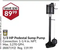 Princess Auto 1/3 HP Pedestal Sump Pump offer