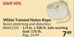 Princess Auto White Twisted Nylon Rope – 1/4 in. x 100 ft. Safe working load: 176 lb offer