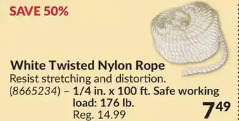 Princess Auto White Twisted Nylon Rope – 1/4 in. x 100 ft. Safe working load: 176 lb offer