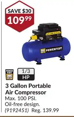 Princess Auto 1/3 HP 3 Gallon Portable Air Compressor offer