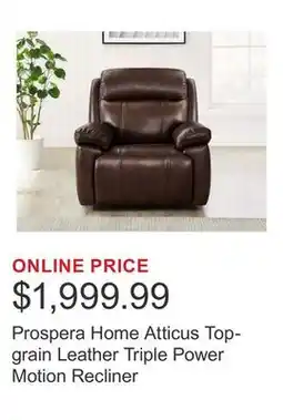 Costco Prospera Home Atticus Top-grain Leather Triple Power Motion Recliner offer