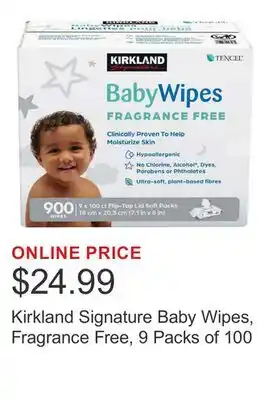 Costco Kirkland Signature Baby Wipes, Fragrance Free, 9 Packs of 100 offer