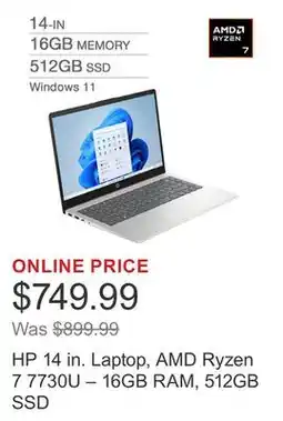 Costco HP 14 in. Laptop, AMD Ryzen 7 7730U – 16GB RAM, 512GB SSD offer
