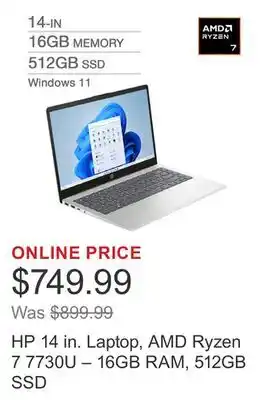 Costco HP 14 in. Laptop, AMD Ryzen 7 7730U – 16GB RAM, 512GB SSD offer