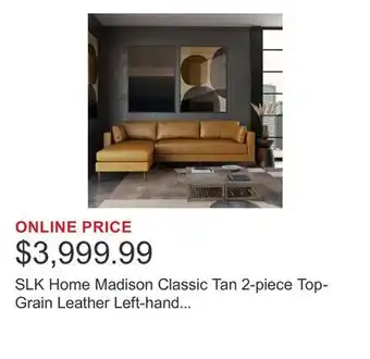 Costco SLK Home Madison Classic Tan 2-piece Top-Grain Leather Left-hand Facing Sectional offer