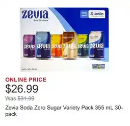Costco Zevia Soda Zero Sugar Variety Pack 355 mL 30-pack offer