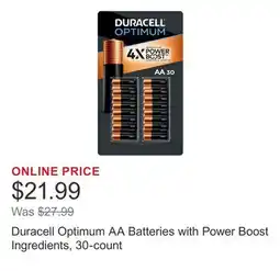Costco Duracell Optimum AA Batteries with Power Boost Ingredients, 30-count offer