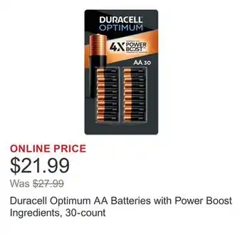 Costco Duracell Optimum AA Batteries with Power Boost Ingredients, 30-count offer