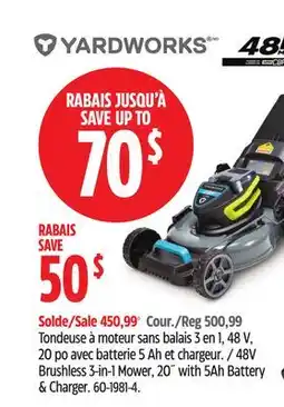 Canadian Tire Yardworks 48V Brushless 3-in-1 Mower, 20 with 5Ah Battery & Charger offer