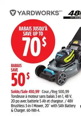 Canadian Tire Yardworks 48V Brushless 3-in-1 Mower, 20 with 5Ah Battery & Charger offer