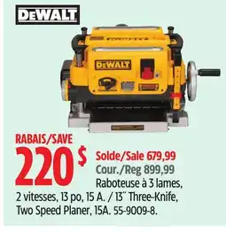 Canadian Tire Dewalt 13˝ Three-Knife, Two Speed Planer, 15A offer