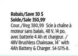 Canadian Tire Yardworks 48V Brushless Chainsaw, 14 with 4Ah Battery & Charger offer