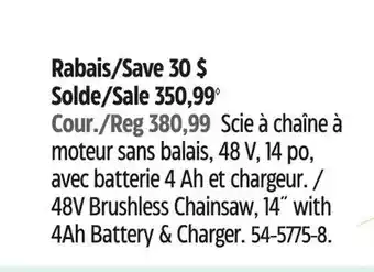 Canadian Tire Yardworks 48V Brushless Chainsaw, 14 with 4Ah Battery & Charger offer