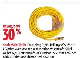 Canadian Tire Mastercraft 50´ Outdoor 12/3 Extension Cord with 3 Outlets and Lighted End offer