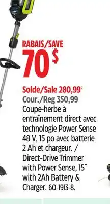 Canadian Tire YARDWORKS Direct-Drive Trimmer with Power Sense, 15 with 2Ah Battery & Charger offer