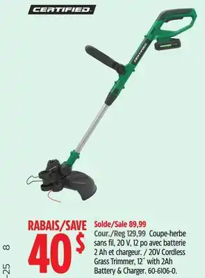 Canadian Tire Certified 20V Cordless Grass Trimmer, 12 with 2Ah Battery & Charger offer