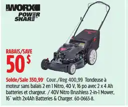 Canadian Tire WORX POWER SHARE 40V Nitro Brushless 2-in-1 Mower, 16 with 2x4Ah Batteries & Charger offer