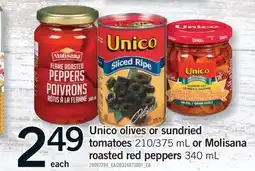 Fortinos UNICO OLIVES OR SUNDRIED TOMATOES, 210/375 ML OR MOLISANA ROASTED RED PEPPERS, 340 ML offer