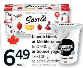 Fortinos LIBERTÉ GREEK OR MEDITERRANEE, 650-900 G OR SOURCE YOGURT, 16X100 G offer