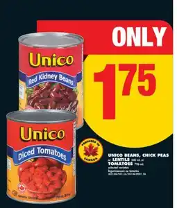 No Frills UNICO BEANS, CHICK PEAS or LENTILS, 540 mL or TOMATOES, 796 mL offer