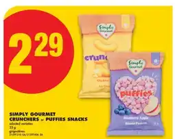 No Frills SIMPLY GOURMET CRUNCHERS or PUFFIES SNACKS, 32 g offer