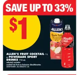 No Frills ALLEN'S FRUIT COCKTAIL, 1 L or POWERADE SPORT DRINKS, 710 mL offer