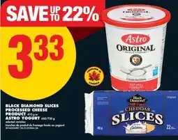 No Frills BLACK DIAMOND SLICES PROCESSED CHEESE PRODUCT, 410 g or ASTRO YOGURT, 650/750 g offer