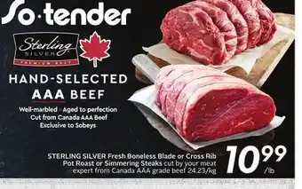 Sobeys STERLING SILVER Fresh Boneless Blade or Cross Rib Pot Roast Simmering Steaks offer