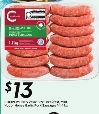Sobeys COMPLIMENTS Value Size Breakfast, Mild, Hot or Honey Garlic Pork Sausages offer