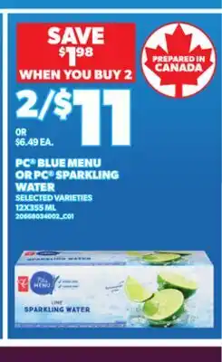 Loblaws PC BLUE MENU OR PC SPARKLING WATER, 12X355 ML offer