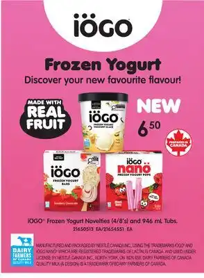 Loblaws IOGO FROZEN YOGURT NOVELTIES,(4/8'S) AND 946ML TUBS offer