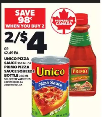 Loblaws UNICO PIZZA SAUCE, 398ML OR PRIMO PIZZA SAUCE SQUEEZE BOTTLE, 375ML offer