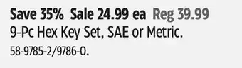 Canadian Tire 9-Pc Hex Key Set, SAE or Metric offer