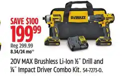 Canadian Tire Dewalt 20V MAX Brushless Li-Ion 1⁄2˝ Drill and 1⁄4˝ Impact Driver Combo Kit offer