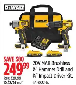 Canadian Tire DEWALT 20V MAX Brushless 1⁄2˝ Hammer Drill and 1⁄4˝ Impact Driver Kit offer