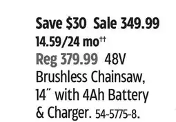 Canadian Tire Yardworks 48 V Brushless Chainsaw, 14 with 4Ah Battery & Charger offer