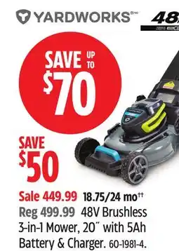Canadian Tire Yardworks 48V Brushless 3-in-1 Mower, 20 with 5Ah Battery & Charger offer