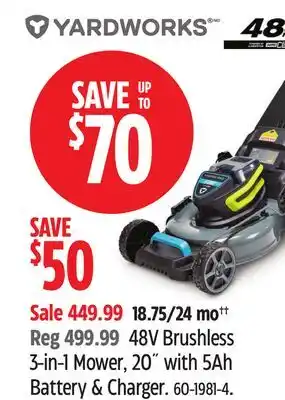 Canadian Tire Yardworks 48V Brushless 3-in-1 Mower, 20 with 5Ah Battery & Charger offer