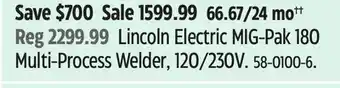 Canadian Tire Lincoln Electric MIG-Pak 180 Multi-Process Welders, 120/230V offer
